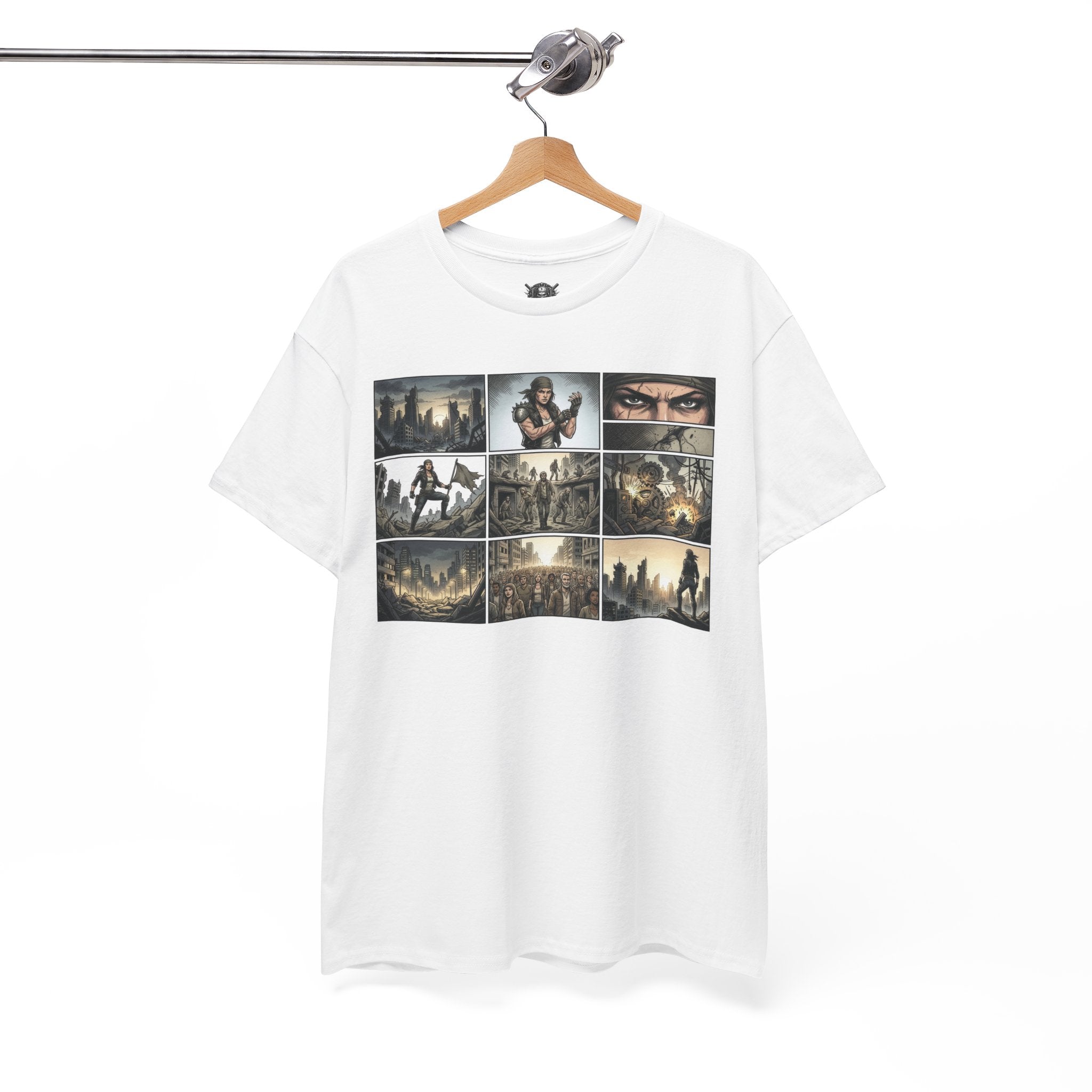 White t-shirt with graphic design on a hanger against a white background