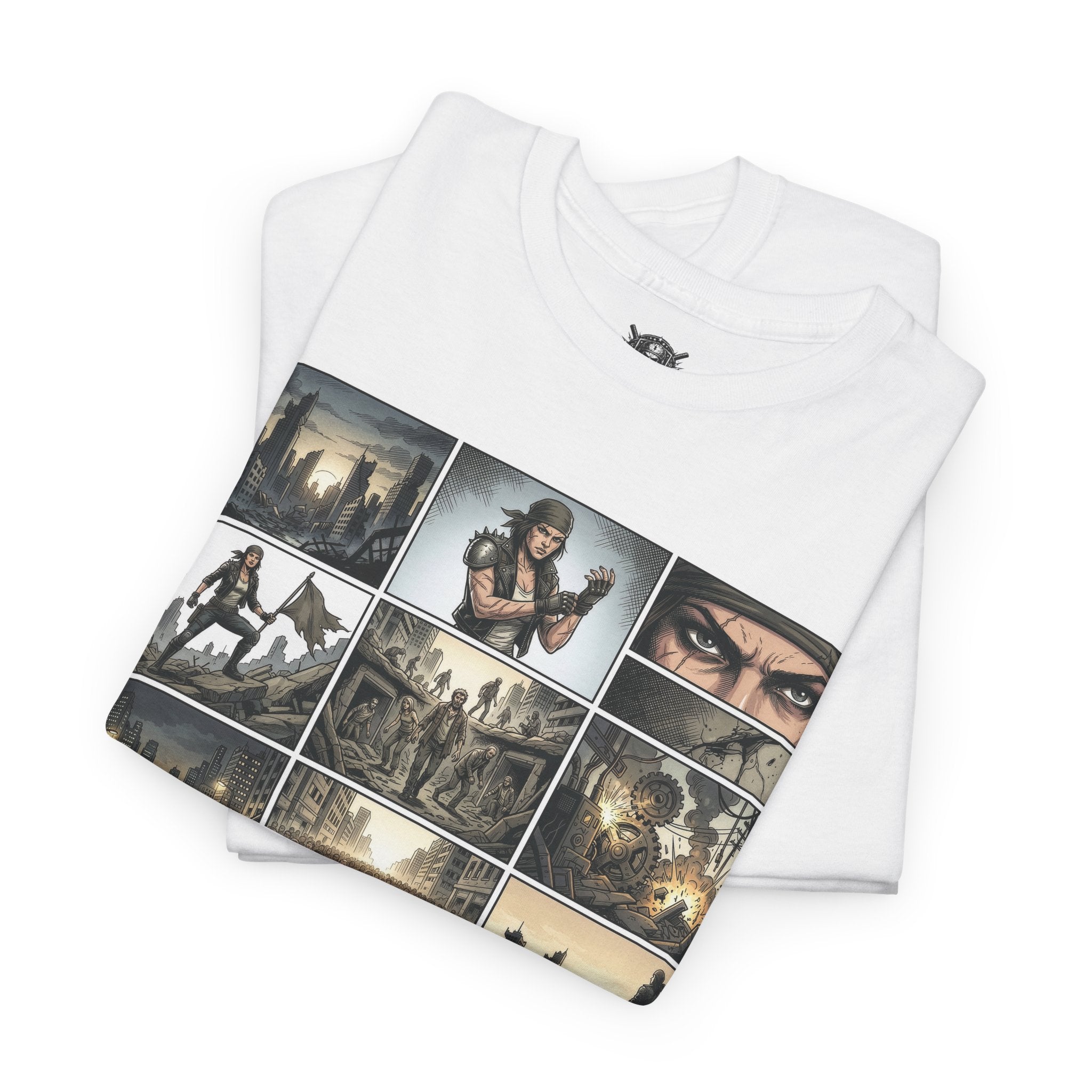 White t-shirt with graphic design of a character and scenes on a white background
