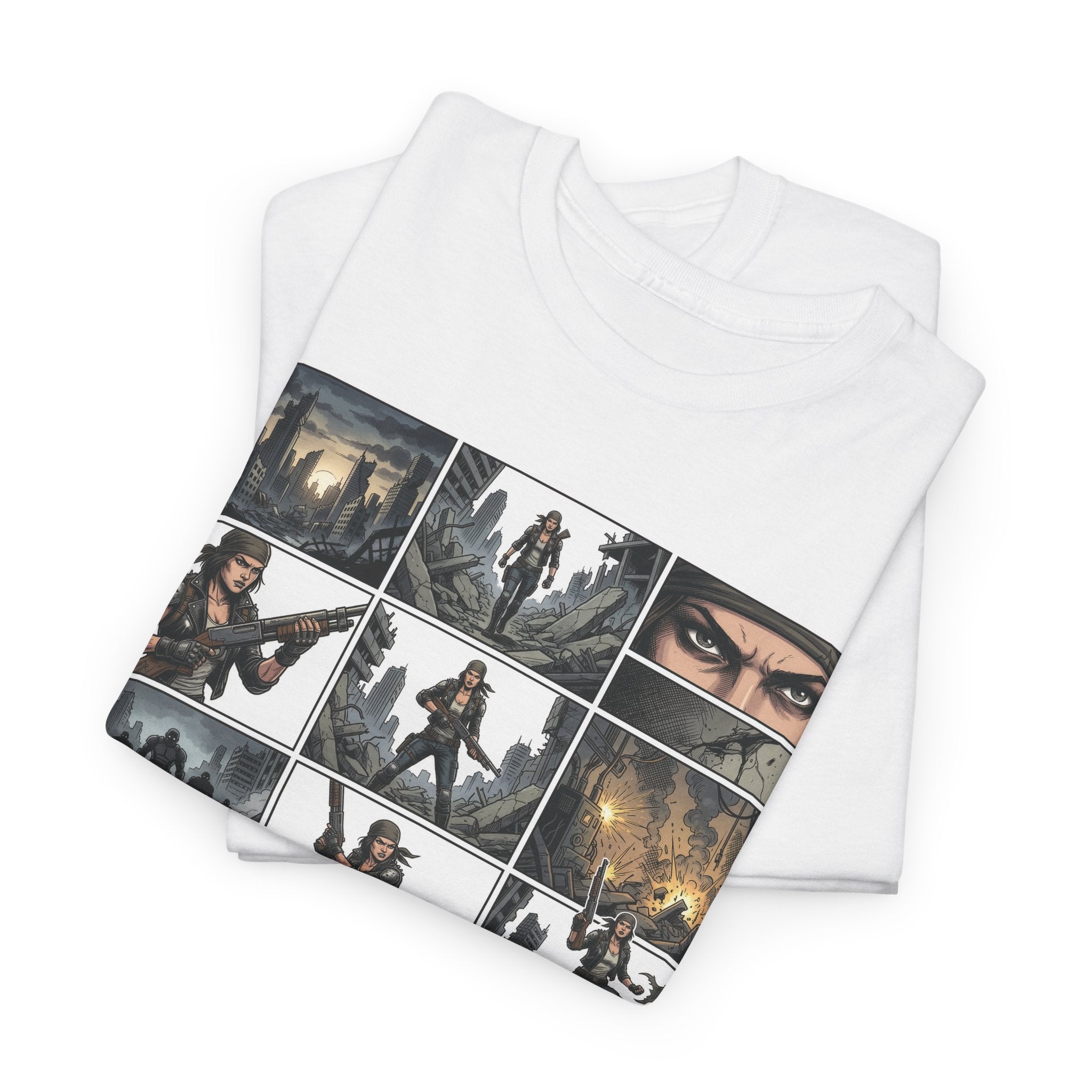 White t-shirt with graphic design of a character in various poses on a white background