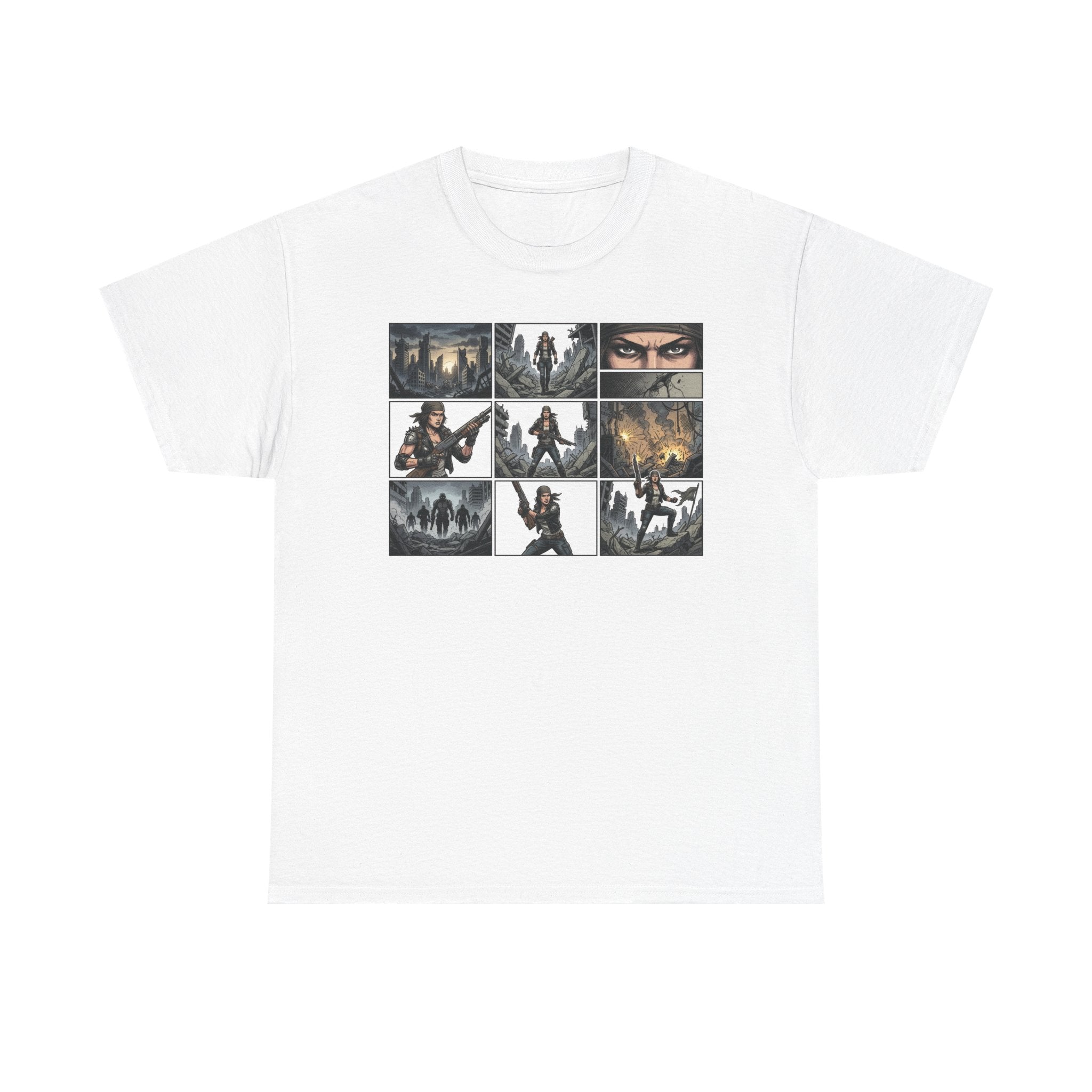 White t-shirt with graphic design of a character in various poses on a white background